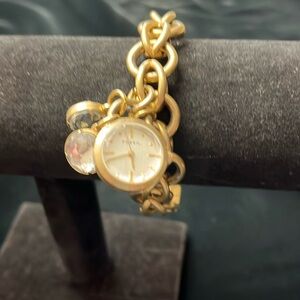 Fossil Brass With 3 Dangly Crystals Bracelet Watch